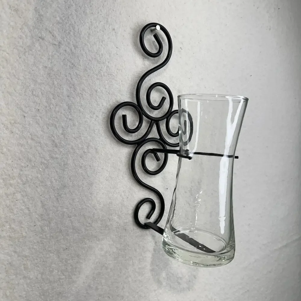 Black Wrought Iron Swirl Scrollwork Wall-Mounted Clear Glass Flower Vase Insert